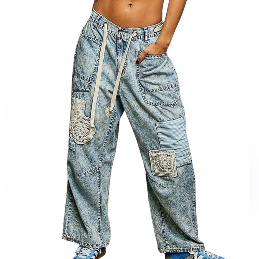 POL Wide Leg Patchwork Acid Wash Jeans - Light Blue
